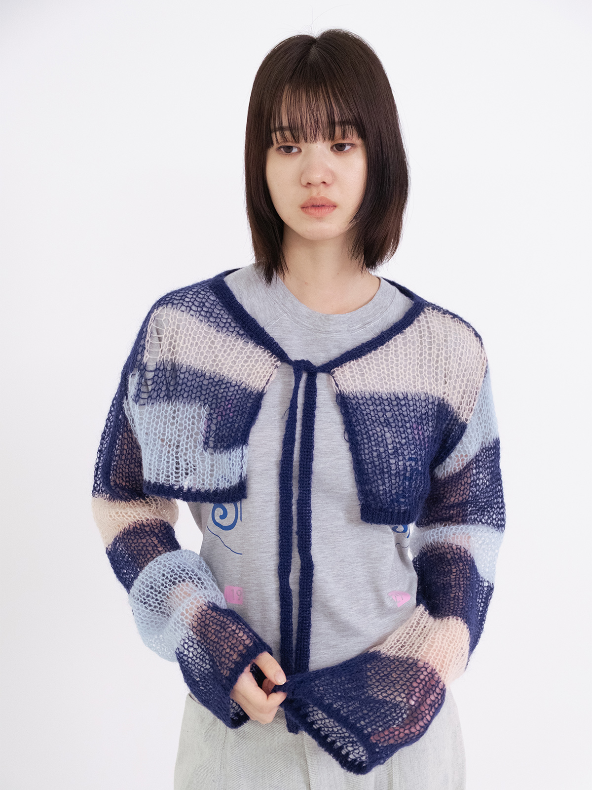 patchwork short knit cardigan 詳細画像 navy 5